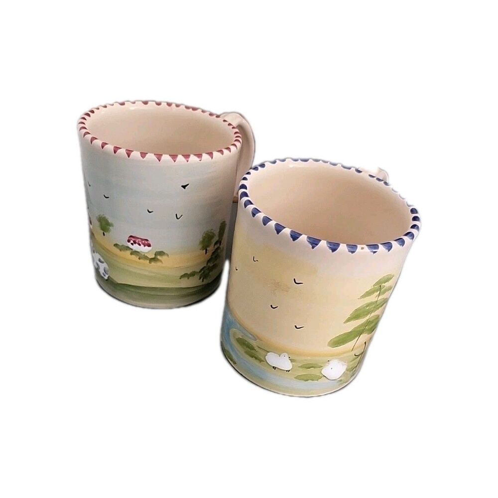 Farmhouse Sheep cow Coffee Mugs Set of 2 Hand Painted Pottery Italy Lamas